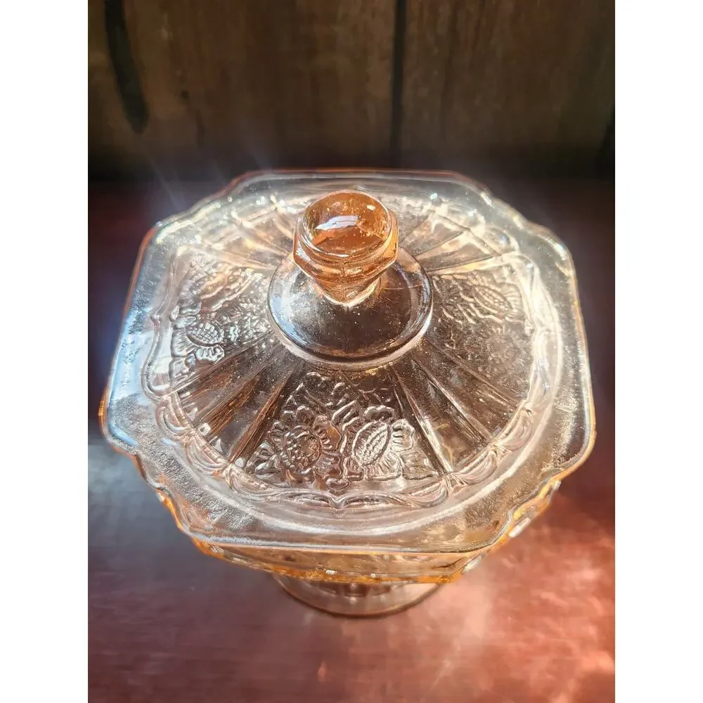 Vintage Pink Depression Glass Footed Covered Candy Dish Floral Medallion Design